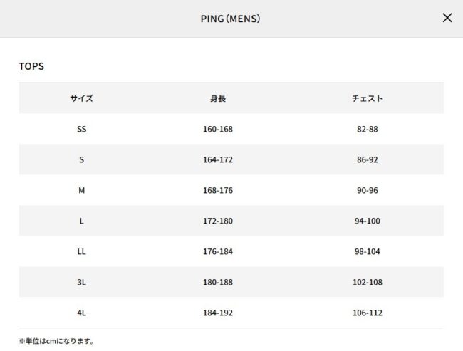 PING福袋のトップスサイズ目安一覧表