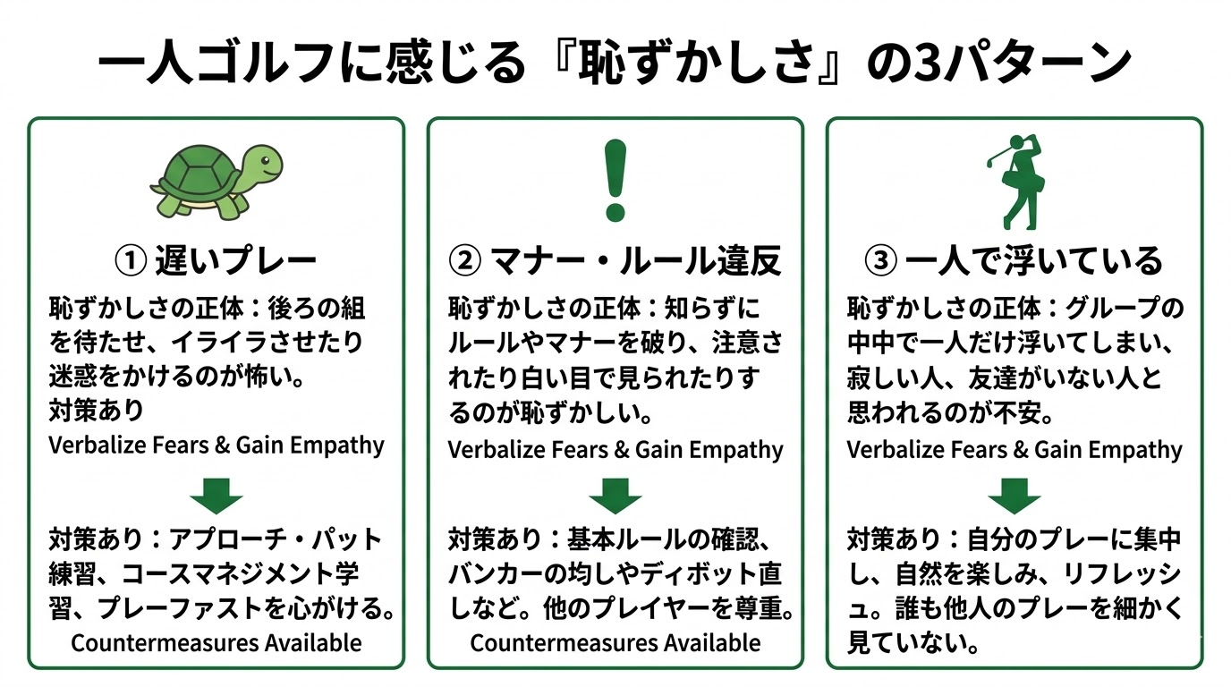 一人ゴルフで感じる恥ずかしさの3パターンと解決策