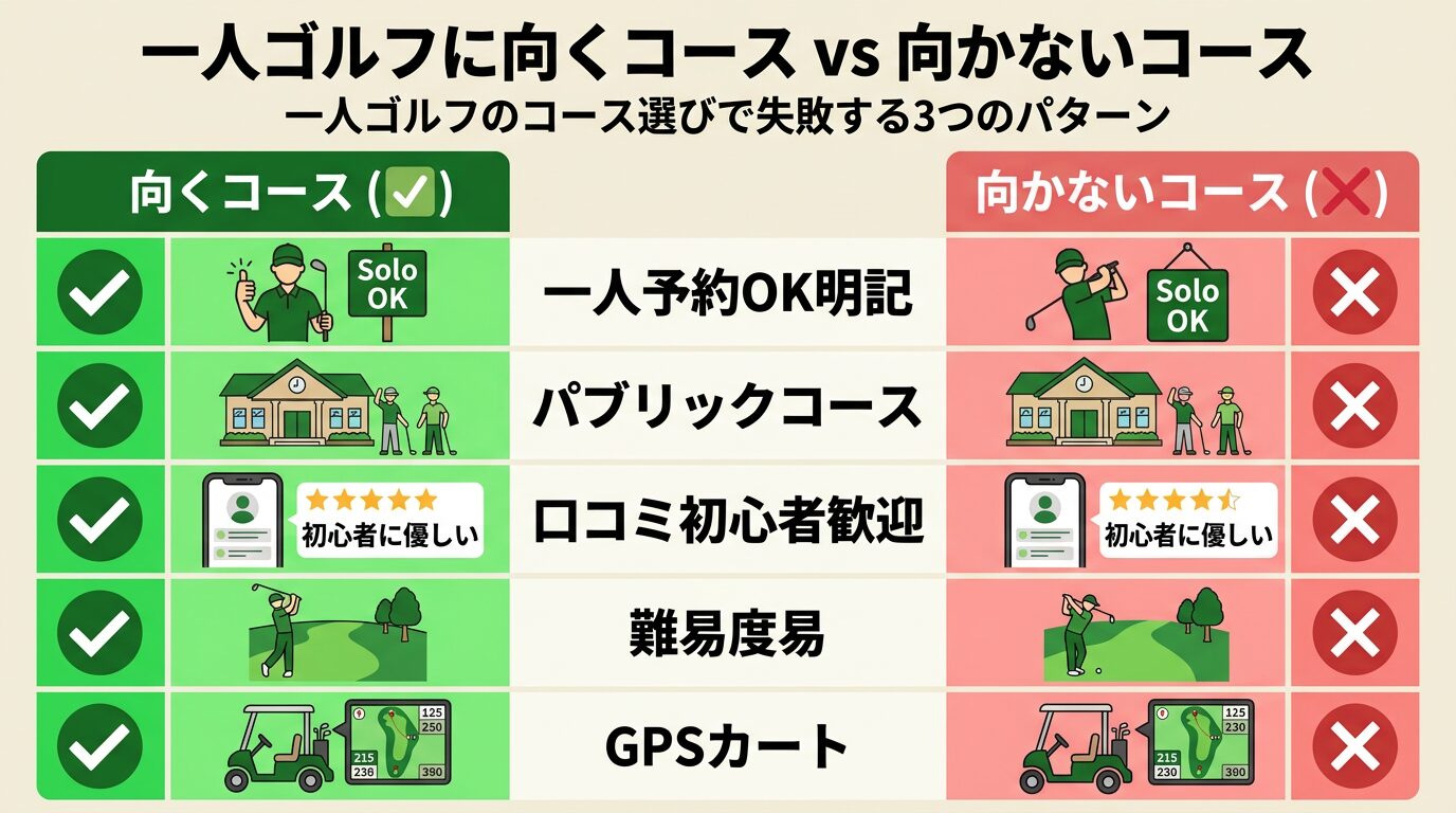 一人ゴルフに向くコース・向かないコースの比較図