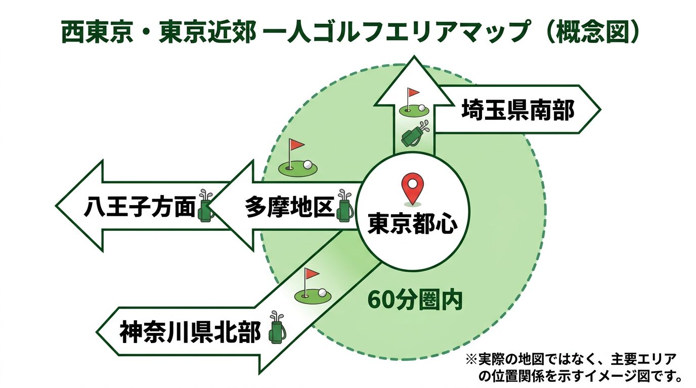 西東京エリア一人ゴルフ可能なコースのエリアマップ