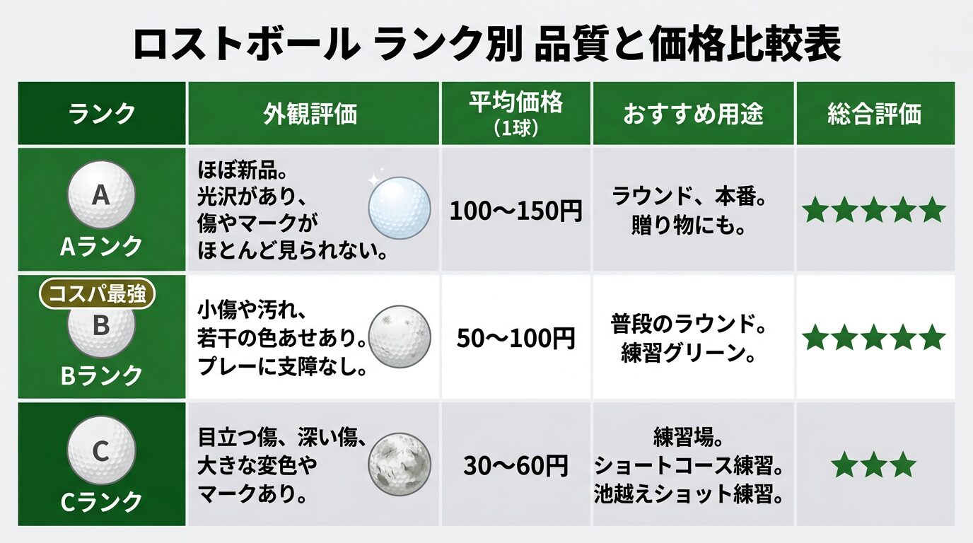 ロストボールのランク別品質と価格比較表