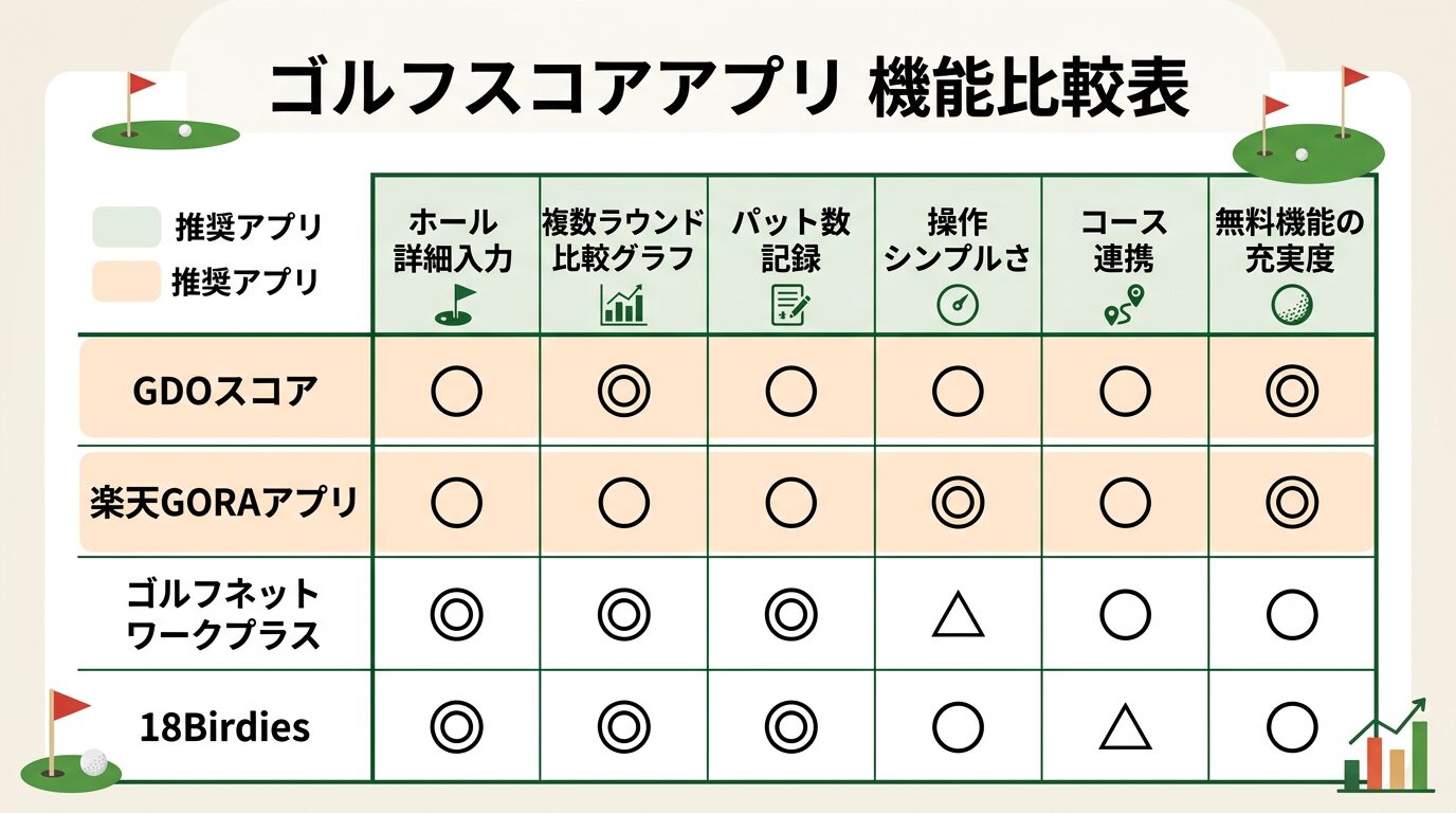ゴルフスコアアプリの機能比較表