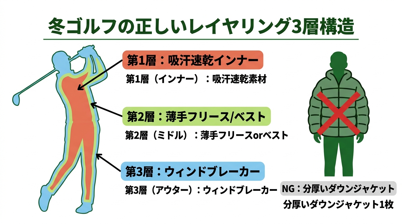 冬ゴルフの正しいレイヤリング3層構造