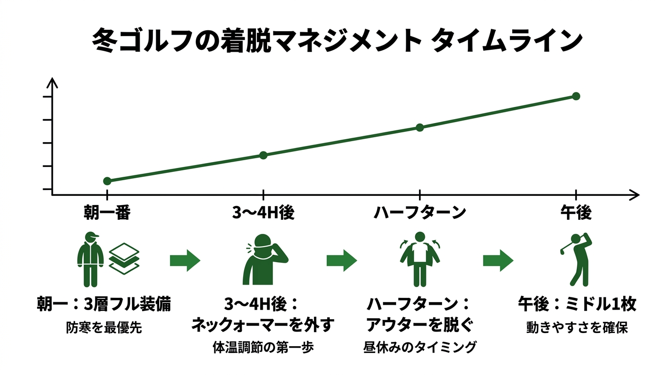 冬ゴルフの着脱マネジメントタイムライン