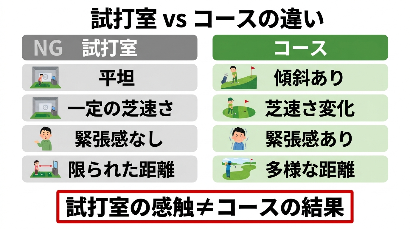 パターの試打室とコースの環境の違い比較図