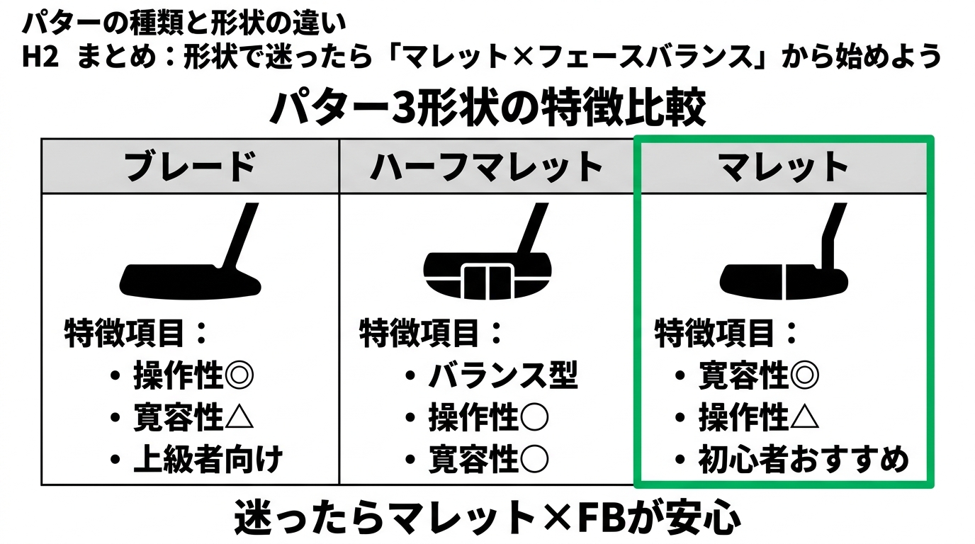パター3形状(ブレード・ハーフマレット・マレット)の特徴比較