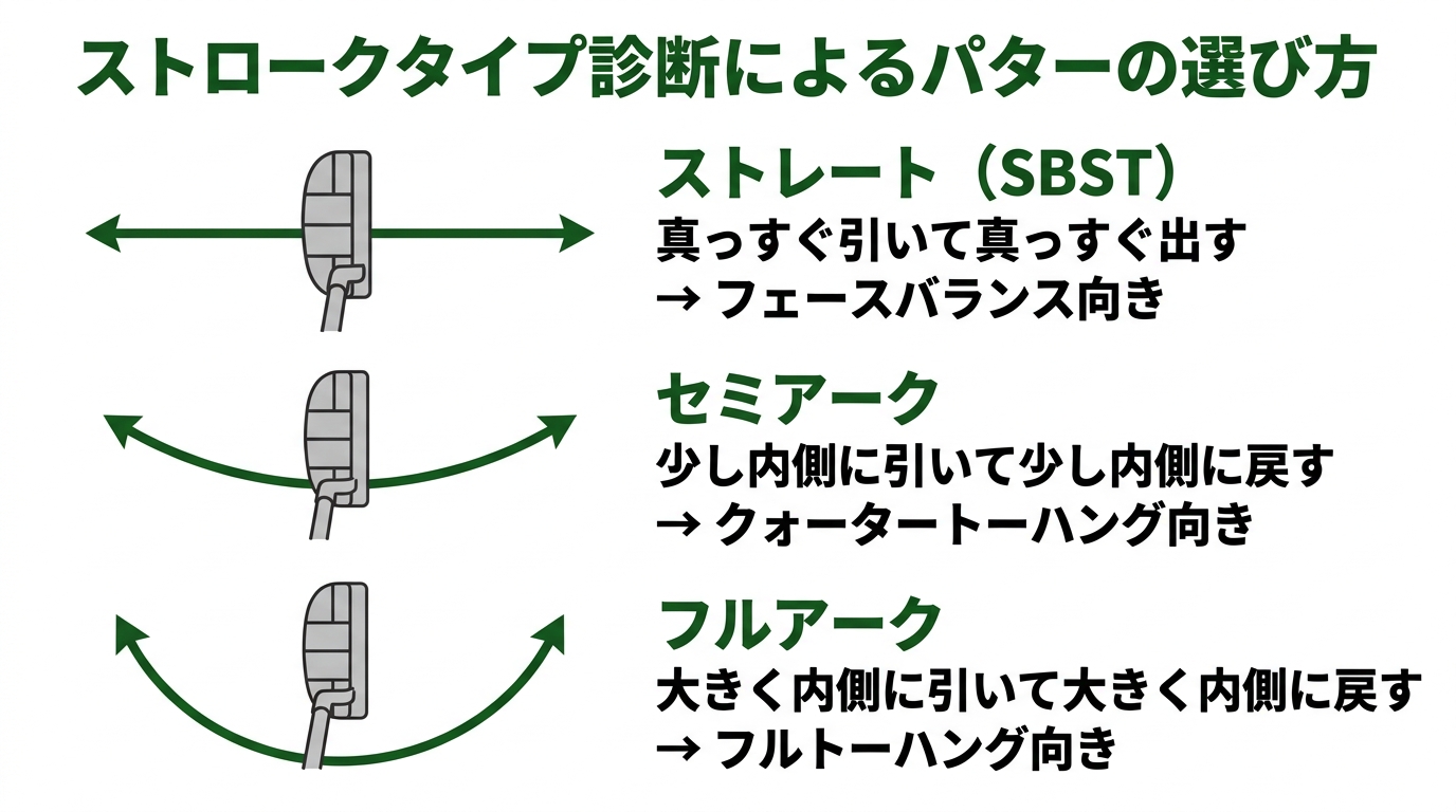 3つのストロークタイプ（SBST・セミアーク・フルアーク）の軌道比較図
