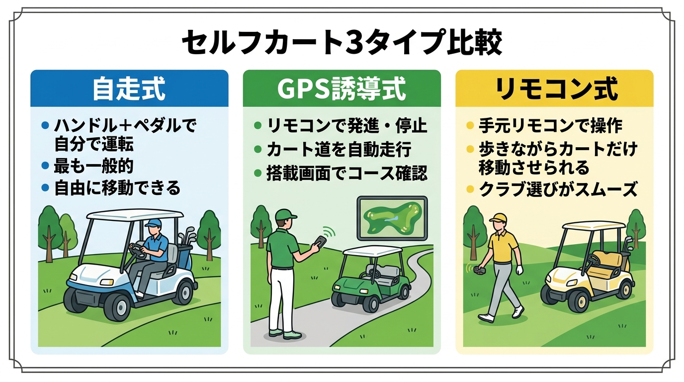セルフカート3タイプ（自走式・GPS誘導式・リモコン式）の比較図