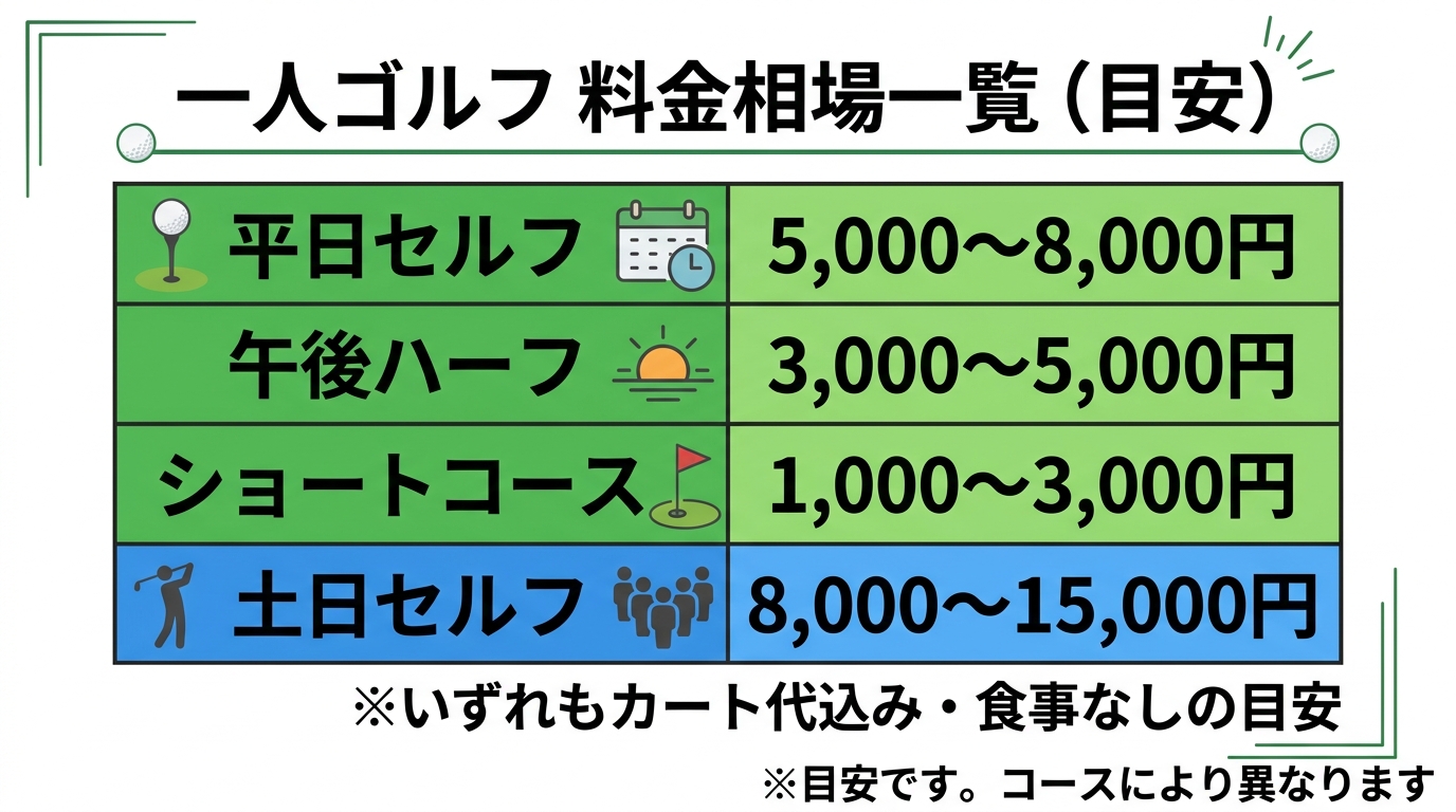 一人ゴルフの平日・土日・ハーフ別料金相場の比較表
