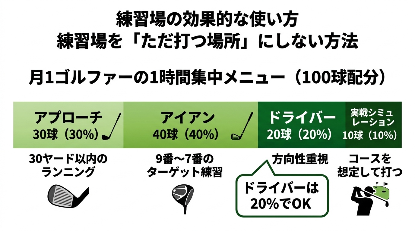 月1ゴルファーの1時間100球練習メニュー配分図