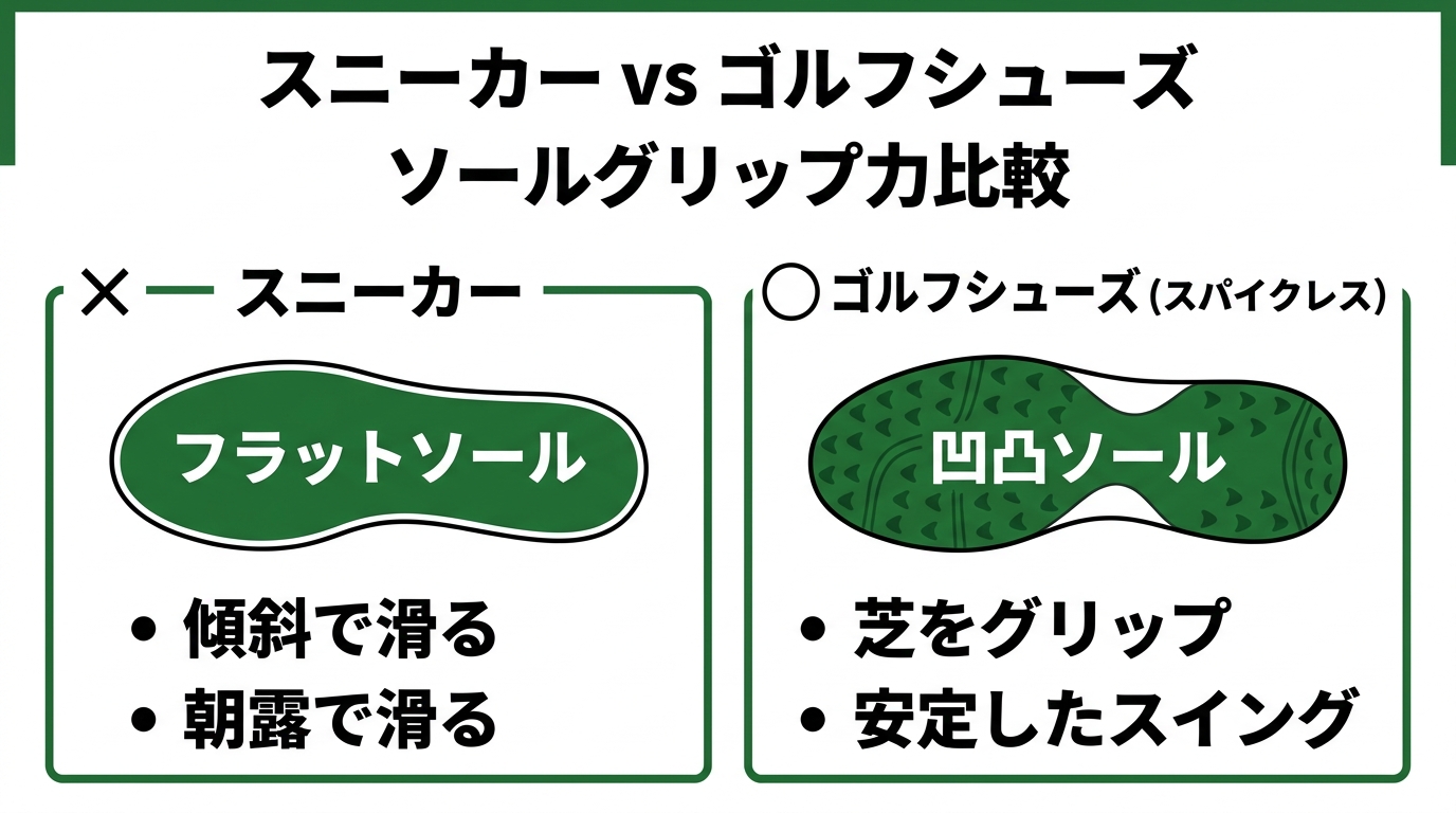 スニーカーとゴルフシューズのソールグリップ力比較