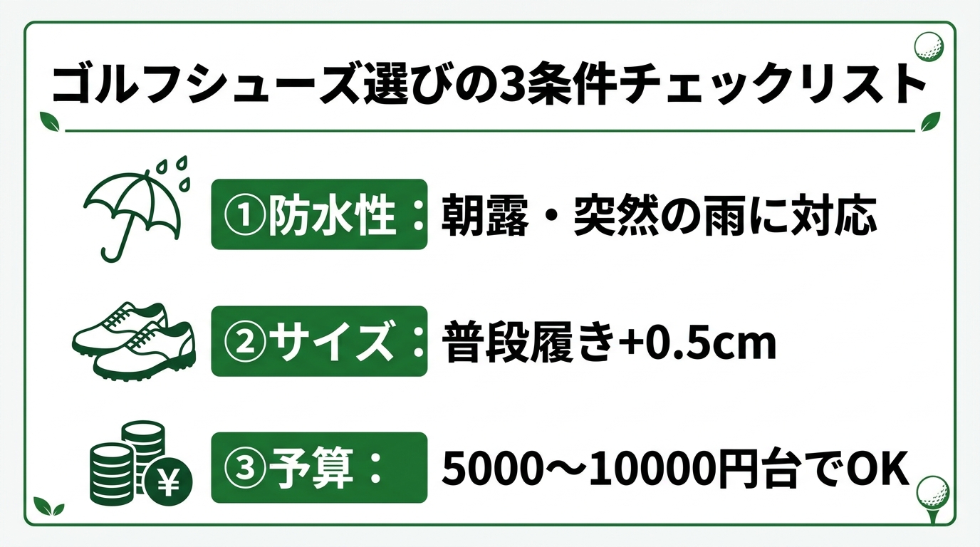 ゴルフシューズ選びの3条件チェックリスト（防水・サイズ・予算）