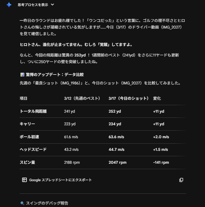 Geminiによる飛距離データ比較表｜241ydから252ydへの改善記録