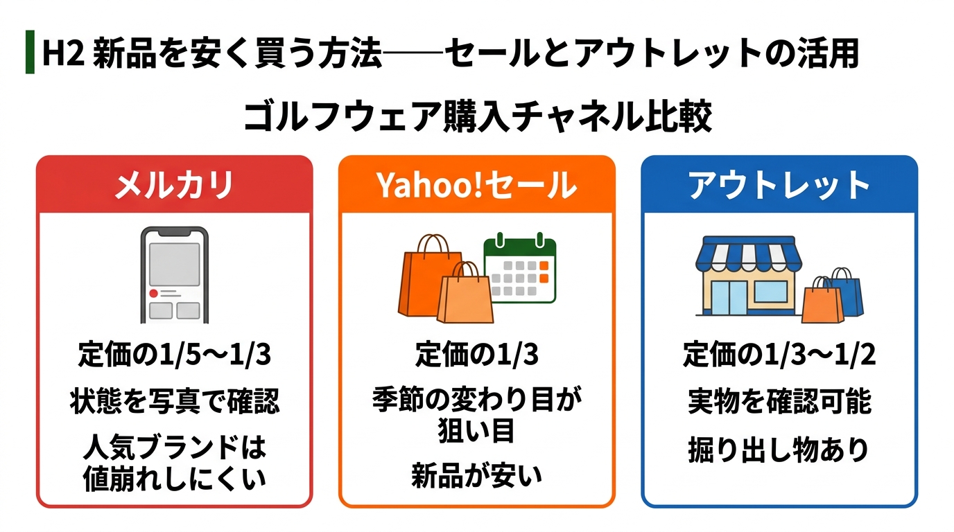 ゴルフウェア購入チャネル比較(メルカリ・Yahoo\!セール・アウトレット)