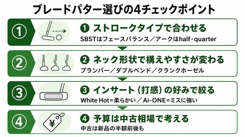 ブレードパター選びの4チェックポイント（ストローク・ネック・打感・予算）の図解