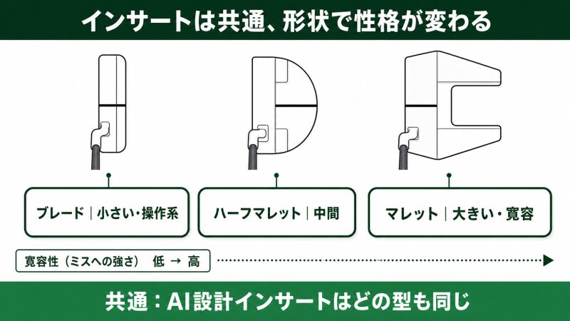 Ai-ONEの3形状(ブレード・ハーフマレット・マレット)を、ヘッドの大きさ・寛容性(ミスへの強さ)・構えやすさの3軸で対比した概念図。パターを写実的に描かず、3つの抽象ブロックの大小と『AI設計インサートはどの型も共通』の土台バーで、同じAi-ONEでも形状で性格が変わることを示す