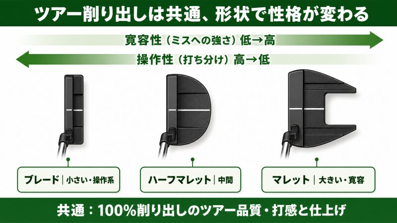 PLD Milledの型マップ。削り出しツアー品質は共通という土台の上に、ブレード(小さい・操作系)・ハーフマレット・マレット(大きい・寛容)の3形状を配置し、形状が大きくなるほど寛容性が上がり操作性が下がるトレードオフを、パターを写実的に描かず様式化した俯瞰シルエットと帯で示した概念図