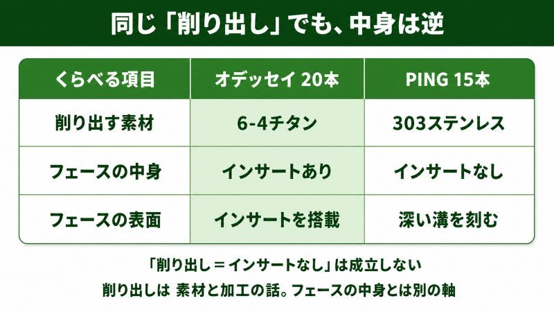 削り出しパターの2つの流儀を対比した図解。オデッセイ20本は6-4チタンを削り出したうえでインサートを搭載し、PING15本は303ステンレスを削り出してインサートを使わず深い溝を刻むという、フェースの作り方が正反対であることを対比表で示す