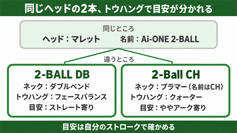 Ai-ONE 2ボールの2本を並べた図解。ヘッドはどちらもマレットで、2-BALL DBはダブルベンド×フェースバランスでストレート寄り、2-Ball CHはクォーターのトウハングでややアーク寄りの側に位置することを、ネックとトウハングの違いで示している